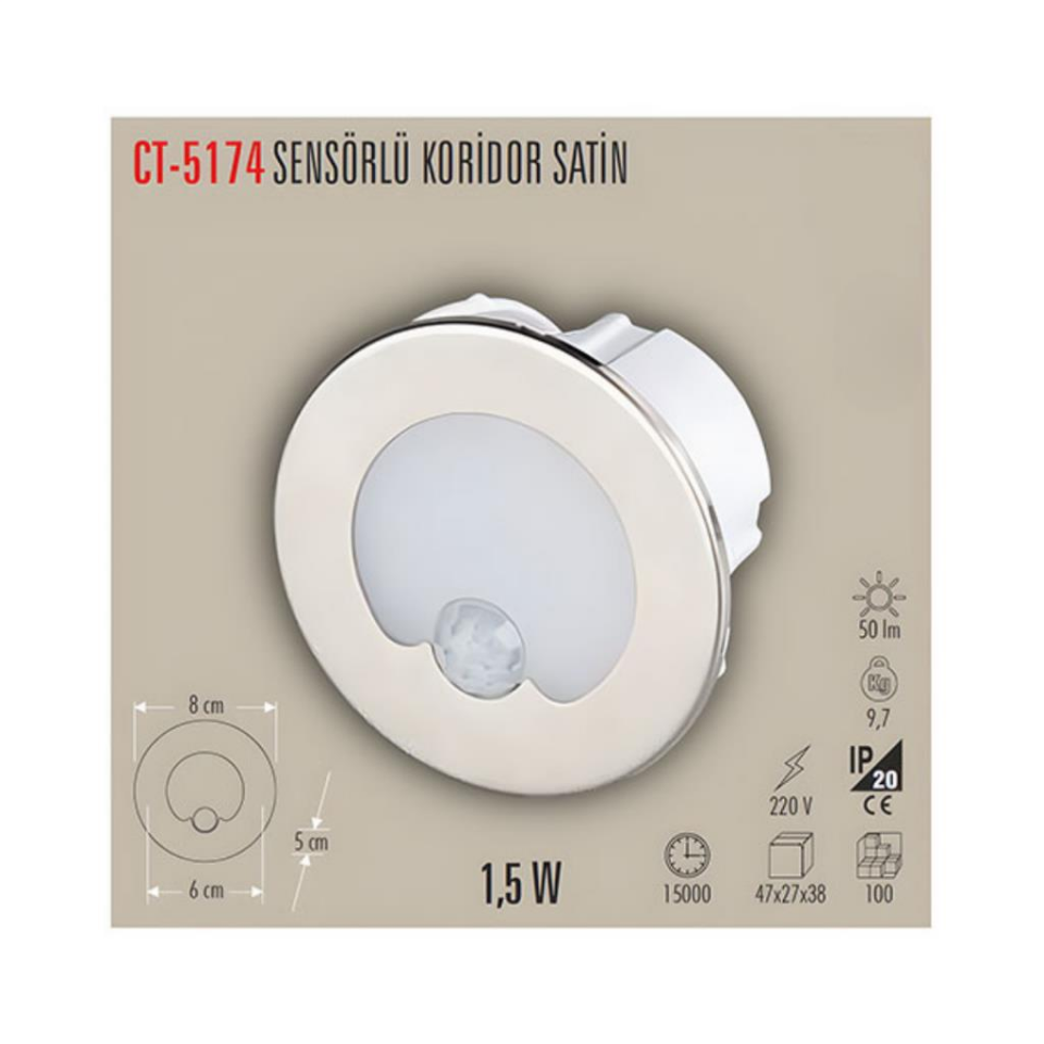 Cata CT-5174 1.5W Koridor LED Armatür Sensörlü 6400K Beyaz Işık